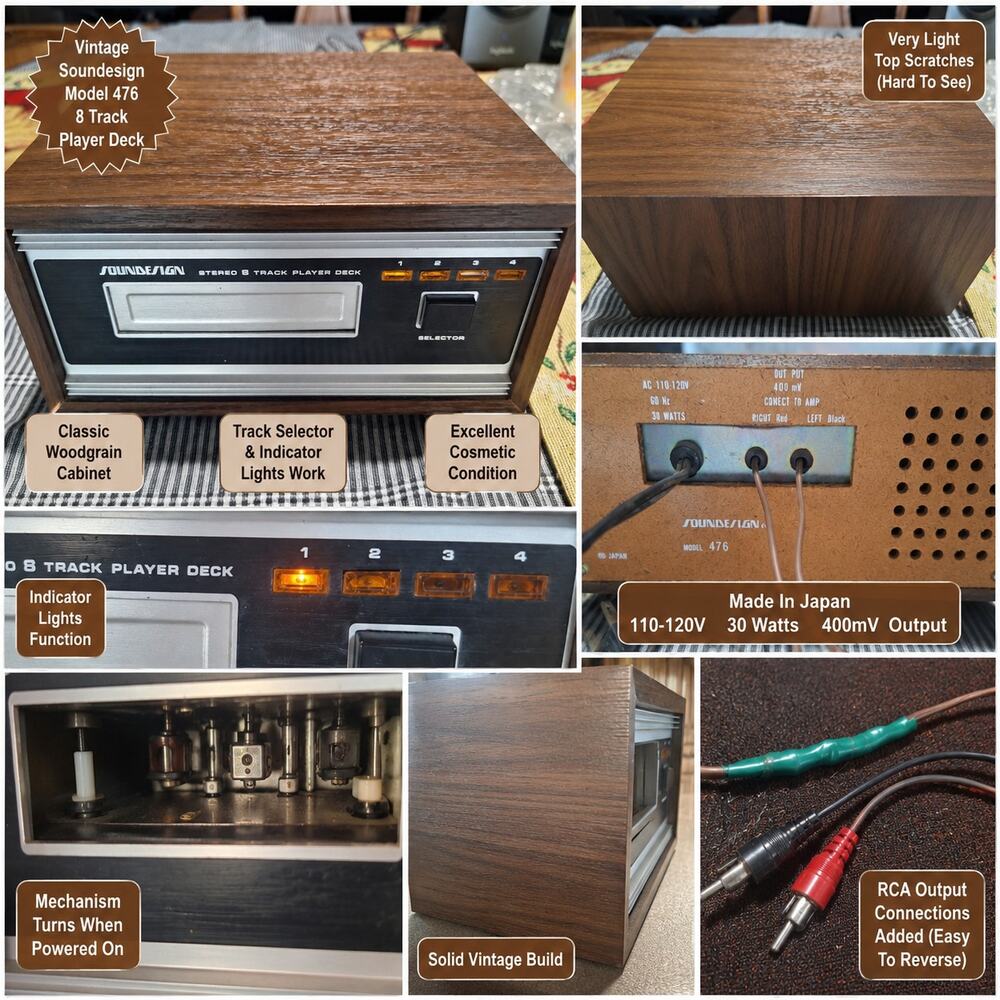 Soundesign Model 476 Stereo 8 Track Player Deck Wood Grain Japan Vintage